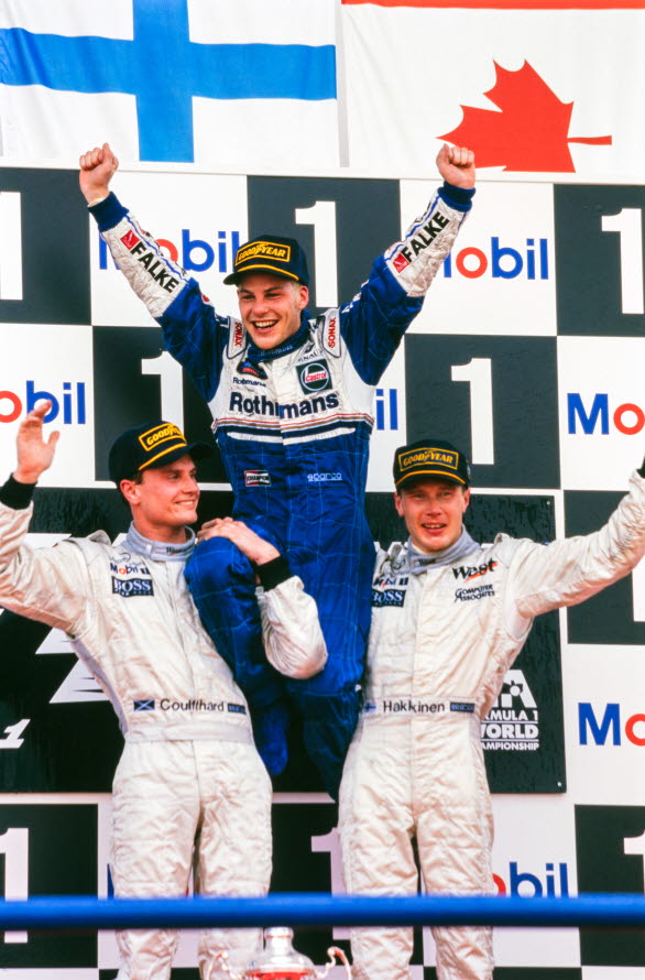 Formula 1 Champion and Indy 500 winner Jacques Villeneuve will race in the Porsche Carrera Cup Scandinavia season opener at Ring Knutstorp, Sweden. (Picture: Jacques Villeneuve celebrates his 1997 World Championship victory with David Coulthard and Mika Hakkinen.) Photo: Motorsport Images