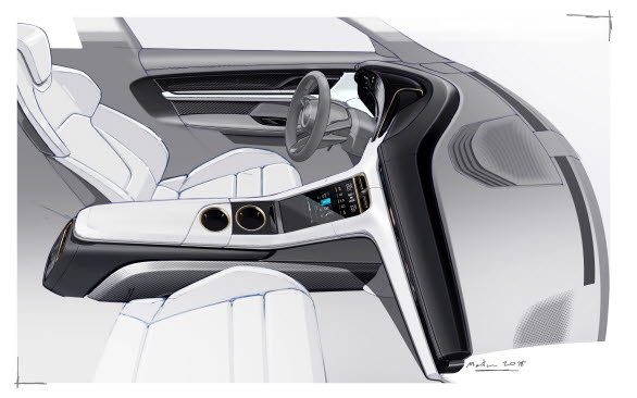 Designskiss för interiören i den helelektriska sportbilen Porsche Taycan.