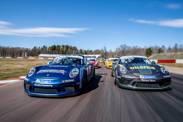 Porsche Carrera Cup Scandinavia inleder traditionsenligt årets racingsäsong med tävlingspremiär på Ring Knutstorp 7-8 maj. Skandinaviens ledande racingmästerskap bjuder i år på en historisk rekordjakt, en intressant titelfight och gästförare i världsklass. Bild: Porsche Carrera Cup Scandinavia, Roll Out Event 2021, Mantorp Park.