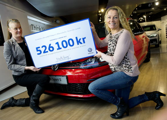 Den unika auktionen gav hela 526 100 kronor till Bris. Volkswagens marknadschef Jeanette Asteborg lämnar över checken till Heléne Tibblin, insamlingschef på Bris.