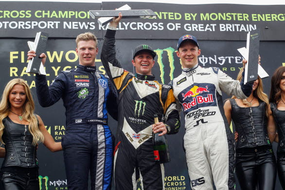 VM-pallen Lydden Hill, fr.v: Johan Kristoffersson, Petter Solberg, Mattias Ekström.