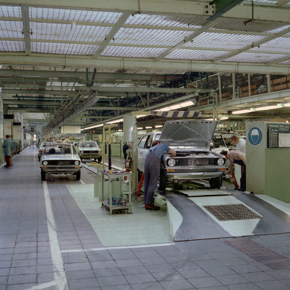 Produktion av den första generationens Polo i fabriken i Wolfsburg.