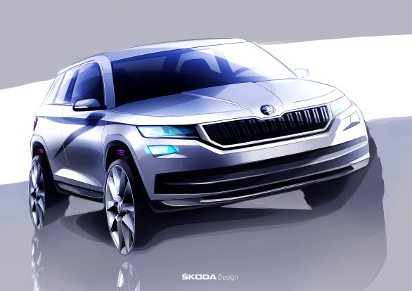 Nya SKODA KODIAQ som har världspremiär i september imponerar med kraftfull design och generösa utrymmen.