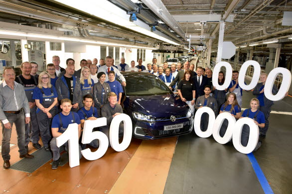 Volkswagen har tillverkat 150 miljoner bilar. Jubileumsbilen, en Golf GTE, rullade av monteringslinjen i Wolfsburg den 24 augusti.