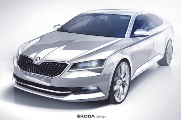 Designskiss av nya SKODA Superb 2015.