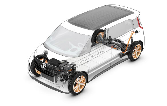 Det platta, utrymmesbesparande batteriet är integrerad i nästan hela golvet på BUDD-e. Det ger energi åt två elmotorer, som driver båda hjulaxlarna med en total effekt på 317 hästkrafter.