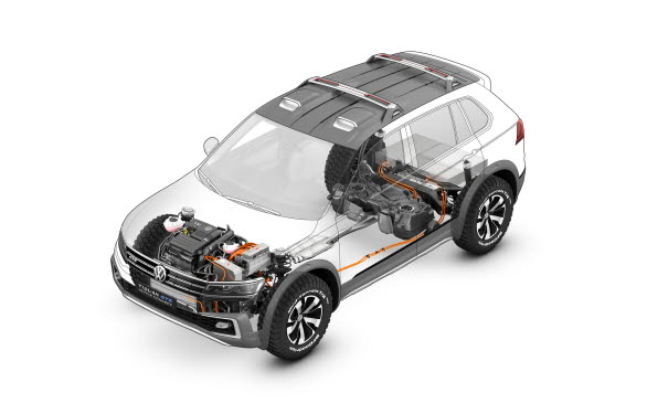 Konceptbilens laddhybridbaserade fyrhjulsdrift består av en turboladdad och direktinsprutad bensinmotor (TSI) på 150 hk/250 Nm, en elmotor fram på 54 hk/220 Nm och en elmotor bak på 115 hk/270 Nm på bakaxeln.
