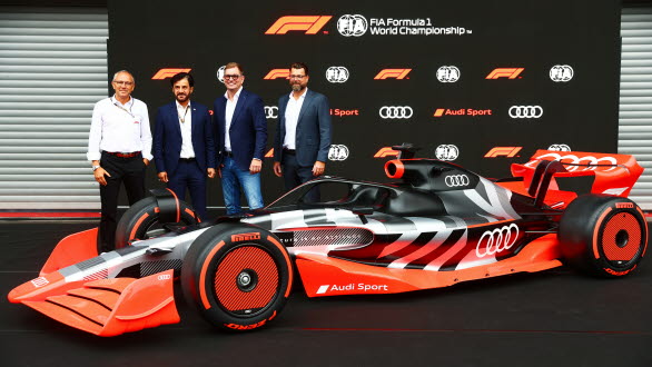 Stefano Domenicali, Formula 1 President och CEO, Mohammed ben Sulayem, President of the International Automobile Federation (FIA), Markus Duesmann, VD för AUDI AG och Oliver Hoffmann, Teknisk Utvecklingschef AUDI AG